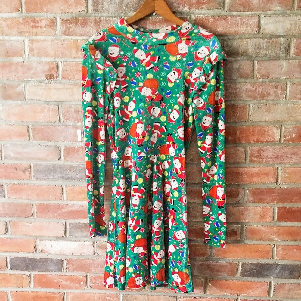 "Ugly" Christmas Green Santa Print Velour Dress